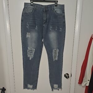 Trendy Distressed Ankle Jeans in Blue